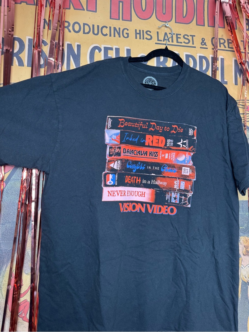 Vision Video VHS Stack Studio House Designs Black Graphic T-Shirt